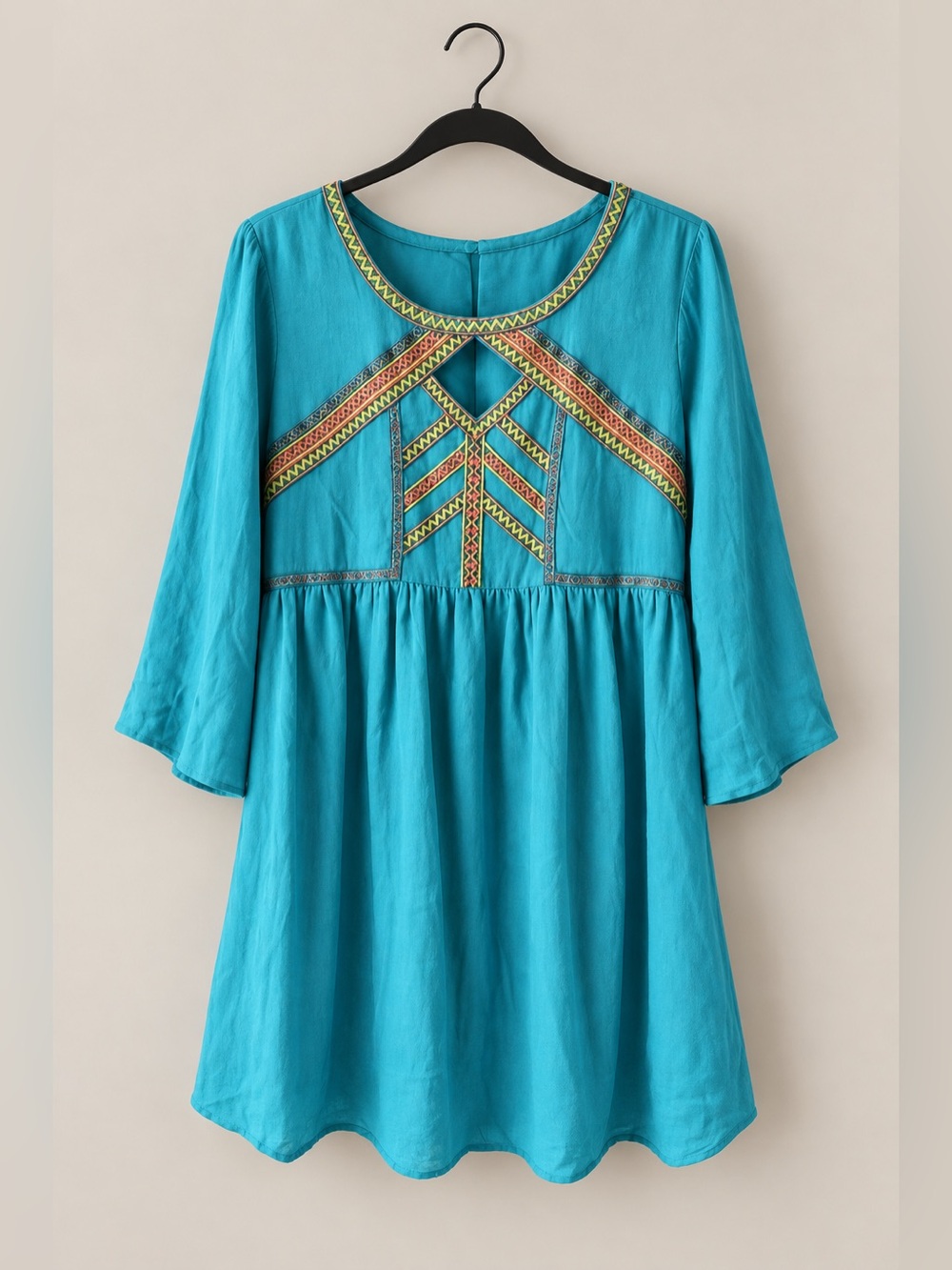 Umgee Teal Embroidered Bodice Bell Sleeve Tiered Tunic Dress EUC M #1182